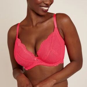 Gossard Neon Pink Lace Super Boost Plunge‎ Bra Lined Size 34DD